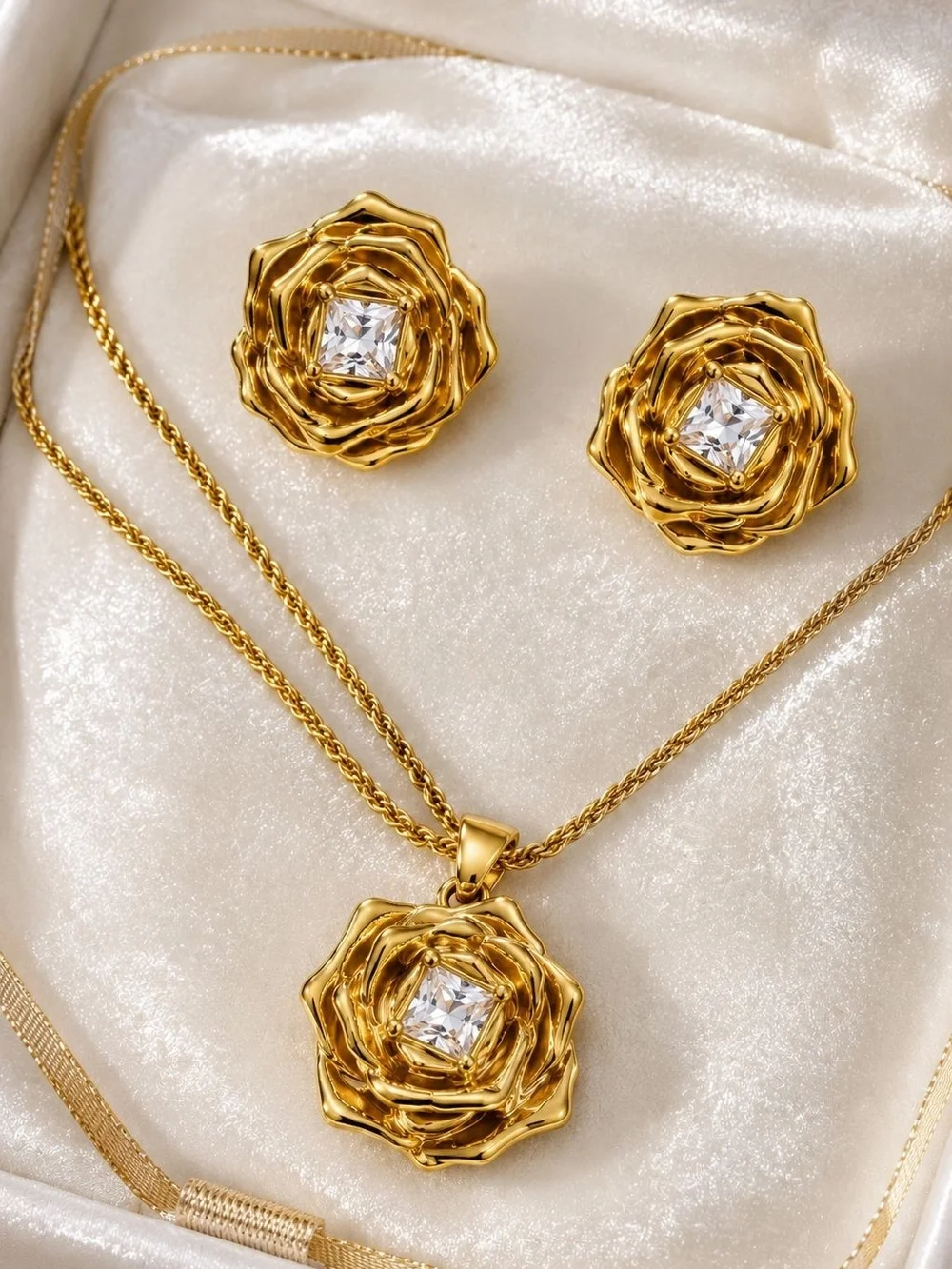 Gold Floral Pendant Necklace with Crystal Center
